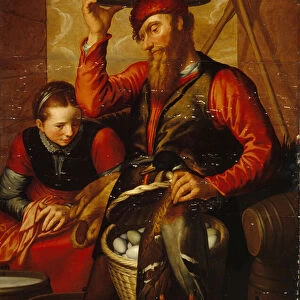 Le vendeur de volailles (Vendor of Fowl). Un couple de paysans en costume traditionnel, prepare ses paniers d oeufs et ses marchandises pour le marche. Peinture de Pieter Aertsen (1508-1575), huile sur bois, 1561