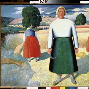 Les moissonneuses. (Reapers). Scene de travaux agricoles, les femmes courbees font des gerbes de cereales dans le champs, une travailleuse debout tient une petite serpe face au soleil