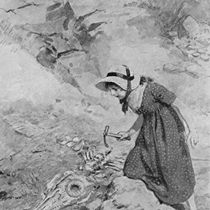 At Lyme Regis, Mary Anning, aged 12, coming upon the first Ichthyosaurus found in England (litho)