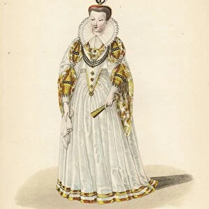 Marguerite of Lorraine, sister of Queen consort Louise of France, sister-in-law to Henry III of France, wife of Anne Duke of Joyeuse, 1581. She wears a three-pronged cap, lace ruff, dress with jeweled corset