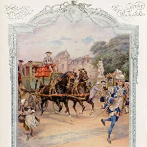 Marquise riding in her carriage, 18th Century (colour litho)