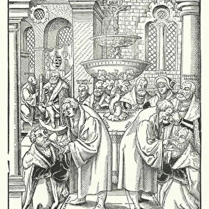 Martin Luther and Jan Hus administering Holy Communion to the Saxon royal family (engraving)
