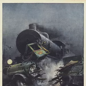 In the middle of the night, due to a fatal carelessness of the driver, a terrible clash between a truck... (colour litho)