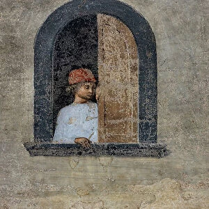Miracle of the Sacrament': detail of a man looking out of the window (fresco)