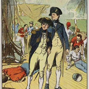 Nelson on his ship the "Victory"(colour litho)