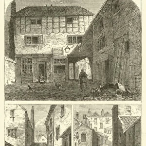 The Old "Red Lion, "from the front, back of the "Red Lion, "from the Fleet, the Fleet Ditch, from the "Red Lion", from sketches taken shortly before the demolition (engraving)