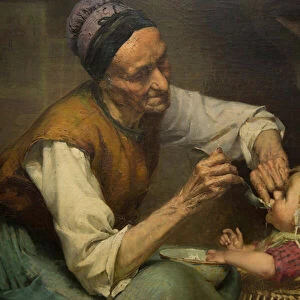 An old woman feeds her granddaughter held in a wicker baby walker, by Edouard Jerome Paupion, 1884 (painting)