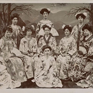 Portrait of a group of Western women dressed in traditional Japanese costume (b / w photo)