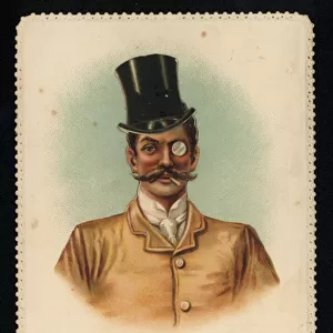 Portrait of a man wearing a top hat and a monocle, New Years greetings card (chromolitho)