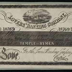 Promissory note from the Lovers Banking Company, Victorian Valentines Day card, 1852 (litho)