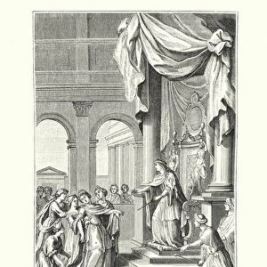 Scene d Esther, tragedie de Racine dont la representation fut interdite de son vivant (engraving)
