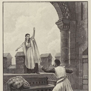 Scene from "Ivanhoe, "at the Royal English Opera, Rebecca defies the Templar (engraving)