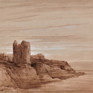 Seascape of a tower on a cliff, 1810-65 (Watercolour)