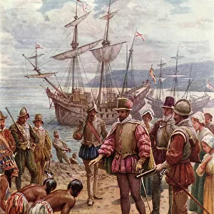 Sir Walter Raleigh landing in Virginia (colour litho)