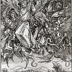 St. Michael and the Dragon, from a Latin edition, 1511 (xylograph) (b / w photo)