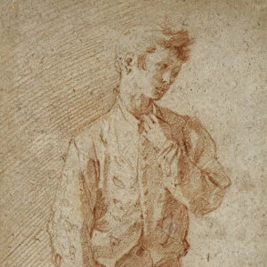 A Standing Youth, Partly Dressed, Wearing a Doublet, Pulling Up His Stockings