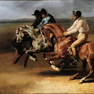 Start of the horse race with horsemen (Oil on canvas, 19th century)