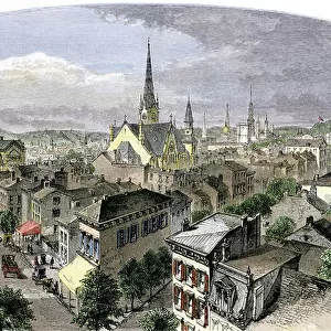 United States, Ohio Territory: downtown Cincinnati, Ohio, view of Hotel Carlisle years 1870. 19th century colour engraving