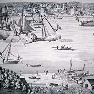 View of the East River, New York c. 1750 with a ship-building centre (litho)