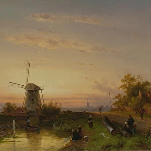 Windmill at Sunset (oil on panel)