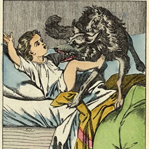 The wolf beats the Little Red Riding Hood. Illustration of the tale "The Little Red Riding Hood"by Charles Perrault, 1697. In "Tales from the home for the little ones". Anonymous engraving of the 19th century