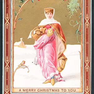 Woman carrying basket in snow, Christmas Card (chromolitho)