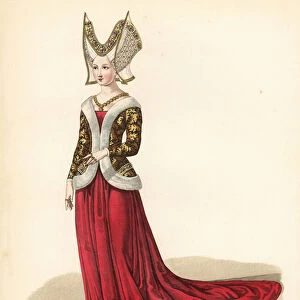 Woman of the Ursins family under Charles VI (daughter of Jean Jouvenel des Ursins and Michelle de Vitry). She wears a tall horned bonnet, gold especially lined with fur, and long dress with train, crakows or foals