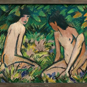 Young girls in nature. Painting by Otto Mueller (1874-1930), oil on canvas, circa 1920