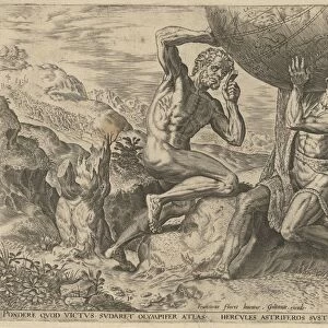 Hercules takes the globe of Atlas and bears him on his shoulder, Atlas before Hercules