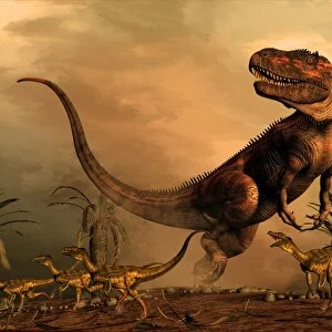 A Torvosaurus on the prowl while a group of Ornitholestes flee a hasty retreat