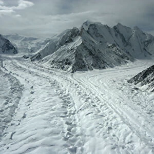 Aerial view of glaciated valley of Concordia, Karakoram Mountains, Himalayas, Pakistan