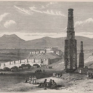 British-Afghan war, fortress and citadel of Ghuzni and two of its minarets in Afghanistan