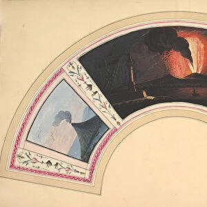 Fan Design with Eruption of Vesuvius and Three Views, 18th century. Creator: Anon