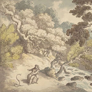 Landscape with rushing stream and a couple on the bank, frightened by a snake, 1775-1827