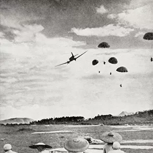 Chinese helped by American air power, parachutes dropping supplies, ammunition and equipment, 1944. From The War in Pictures, Sixth Year.