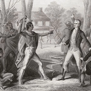 Confrontation between Tecumseh and William Harrison in August 1810. Tecumseh was demanding that the 1809 Treaty of Fort Wayne be rescinded. The treaty which Tecumseh did not recognize gave settlers in Indiana and Illinois nearly 30 million acres of Native American land and led to a three years long conflict known as Tecumsehs War or Tecumsehs Rebellion. Tecumseh, 1768 -1813. Native American leader of the Shawnee and a large tribal confederacy, known as Tecumsehs Confederacy. William Henry Harrison, 1773 - 1841, a senior Army officer at the time of the confrontation with Tecumseh and later 9th President of the United States