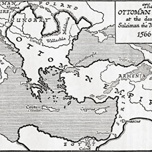 Map showing the Ottoman Empire at the death of Suleiman the Magnificent, 1566. From A Short History of the World, published c. 1936