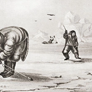 Native Eskimos fishing in the ice, 19th century. From British Polar Explorers, published 1943