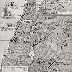 Syria under allied control, WWII. Hostilities in Syria ended at midnight on 12-13 July, 1941 after a five weeks campaign, the course of which is shown on this map. From The War in Pictures, Sixth Year.