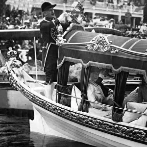 Queen Mary and Princess Mary on the Royal Barge during the Henley Regatta, Oxfordshire