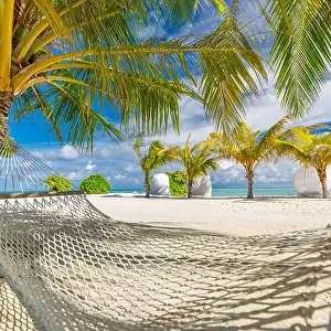 Hammock between two coconut trees on a tropical island with beautiful beach. Luxury summer travel beach sand with palm trees, sunny paradise landscape