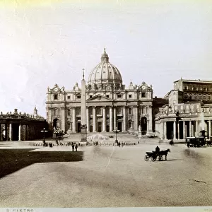 Saint Peter's Square, in the Vatican. On the right a gig and a row of horse-drawn passenger trams