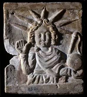 Representation of the Indo-Iranian divinite Mithra (or Mitra) associated with the sun. Low relief, 3rd century BC. Museo Nazionale Romano, Rome